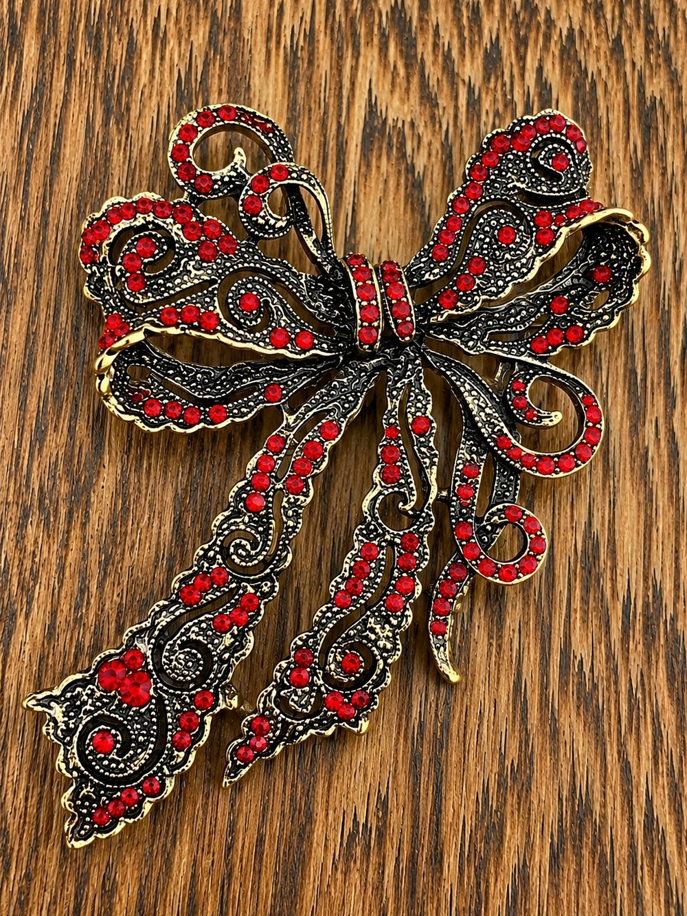 Gold-Tone Bow Brooch with Red Crystals - Women's Jewelry